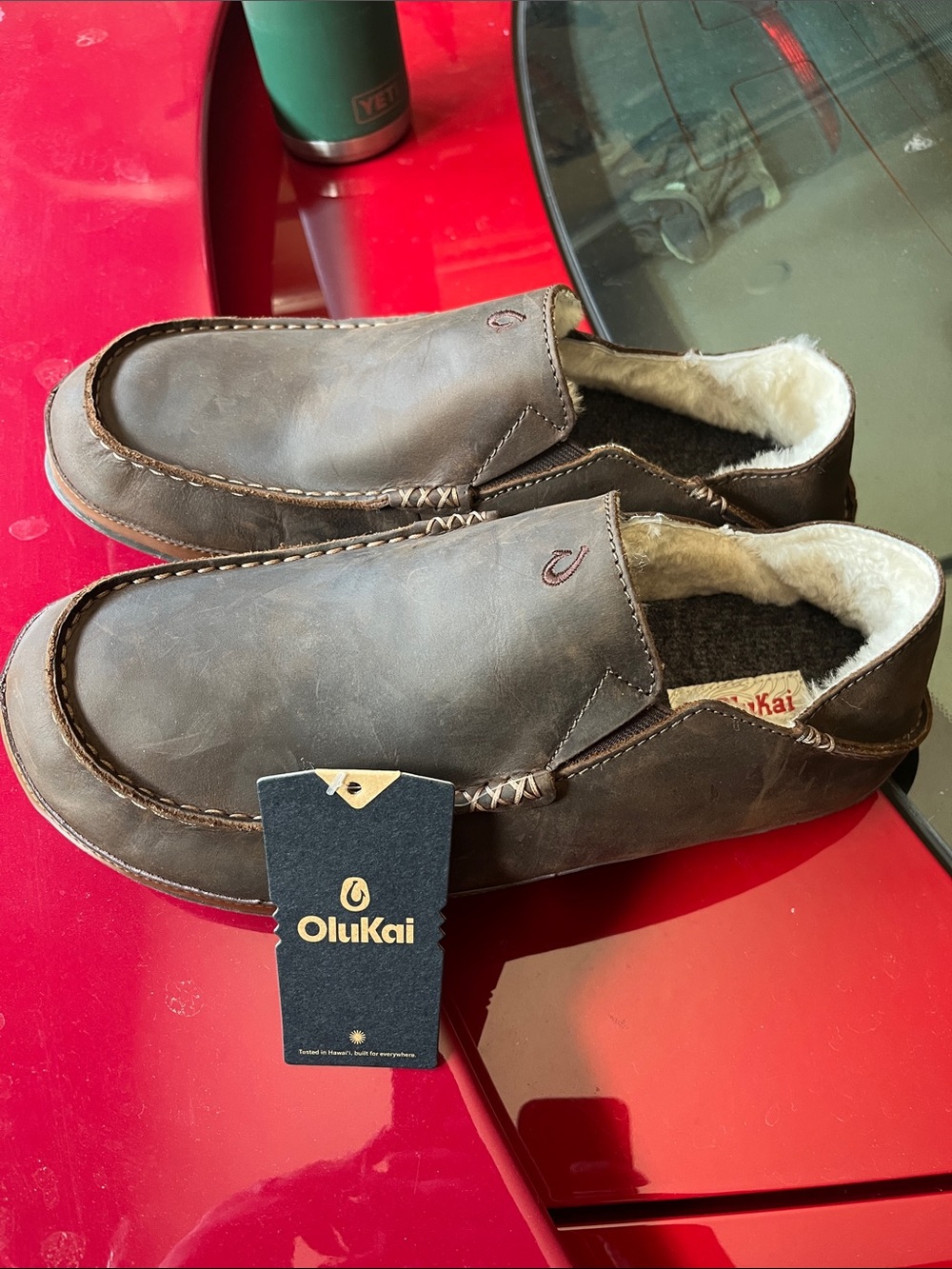 OluKai Men's Brown Leather Shearling-Lined Slip-On Loafers